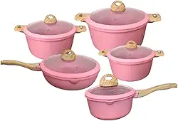 Conjunto de Panelas Ceramica Antiaderente Jogo de 5 Peças Granito Serve Para Fogão Indução, Fogão a Gás - Cor Rosa