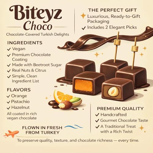 Image of Biteyz Choco Turkish Delight, Vegan Candy Gift Box - Chocolate-Covered Assorted Treats with Orange, Pistachio, and Hazelnut, 25 Pieces of Gourmet Handmade Vegan Snacks