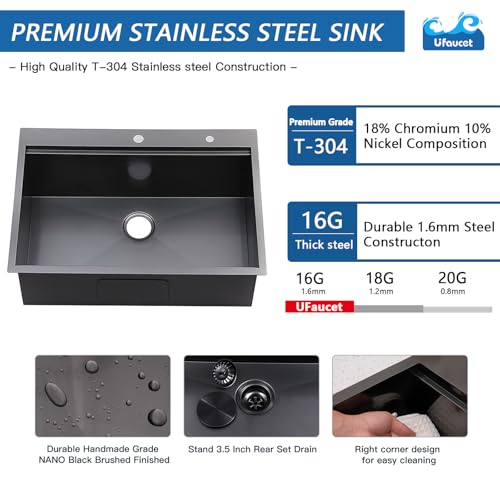 Image of 33x22 Drop In Kitchen Sinks Black, Gunmetal Black Stainless Steel Workstation 16Guage Topmount Single Bowl 9 Inch Deep Sink for Kitchen with Integrated Accessories and Features