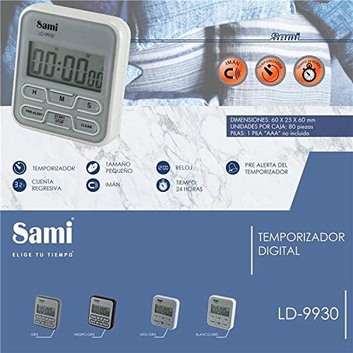 Sami LD-9930N Digital Timer back view with features and dimensions