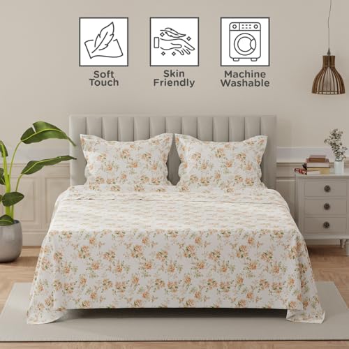 Image of Layers 100% Cotton Bedsheet for King Size Bed | Lumina Floret Collection | 144 TC Soft & Breathable | Printed with 2 Pillow Covers | Wrinkle Free & Colorfast | 3 Piece Bedding Set - Orange & White