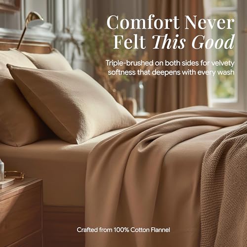Image of Tribeca Living Triple Brushed Soft Cotton Flannel Sheets Set, Full Size 170-GSM Weight Extra Deep Pocket Sheet in Solid Cashmere Color