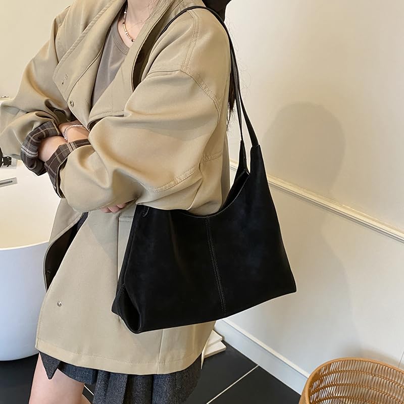 Retro Suede Shoulder Bag PU Slouchy Shoulder Bag Solid Colour Tote Handbag Large for Women Work Everyday 6