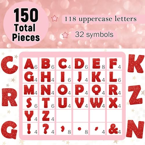 Image of Qyeahkj 150 PCS Large 6 inch Font Red Letters and Punctuation Set Glitter Classroom Alphabet Cutout for Valentines Bulletin Board Display Home School A Great Helper to Inspire Students' Learning Interest
