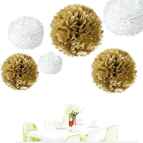 Since ® 12Pcs Mixed Sizes Gold & White Party Tissue Pom Poms Wedding Pompoms Reception Anniversary Birthday Party Decoration #TOP22