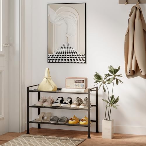Image of 3-Tier Shoe Rack, 26.5 inch Wide Metal Storage Organizer for Closet Entryway,Holds up to 9 Pairs Shoes, Heavy-Duty Stand for Shoes, Books, or Plants (Black)