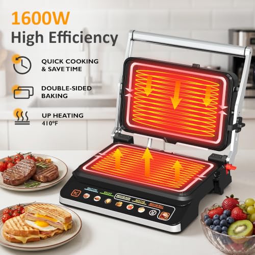 Image of SUNVIVI 3-in-1 Electric Grill Indoor, Panini Press & Sandwich Maker with Removable Plates, 1600W, 8 Cooking Modes, 180 Flat Opening, Adjustable Temp, Ceramic Nonstick Dishwasher Safe, Stainless Steel