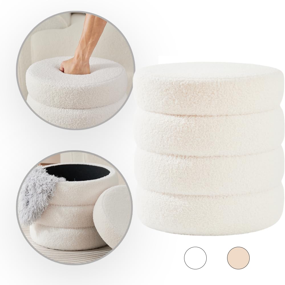 Zedelmaier Runder Teddy Hocker mit Stauraum - Sitzhocker, Schminktisch & Aufbewahrungshocker für Wohnzimmer, Schlafzimmer & Kinderzimmer (Weiß)