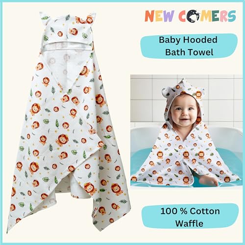 Image of NEW COMERS 100% Pure Cotton Waffle Hooded Wrapper - Baby Towel for New Born | Big Size 50cm x 26cm | Soft, Safe & Skin-Friendly | Perfect for Newborns 0-5 Years | Breathble Absorbant (Multicolor 4)