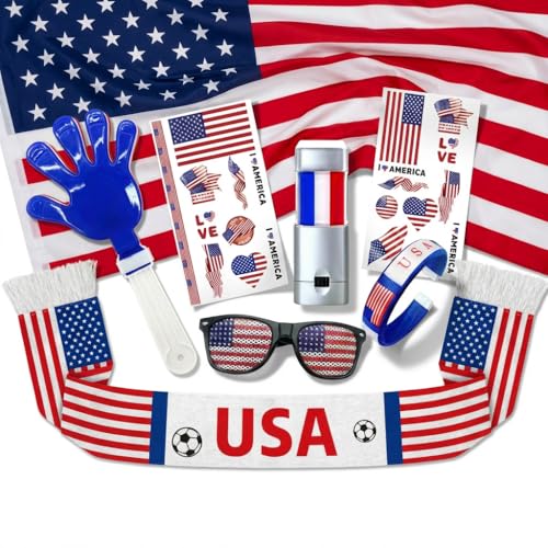 Disflmm U.S. Soccer Fan Accessories Kit, Match Day Team Support Gear Bundle with Flag, Scarf, Face Paint, Sunglasses, Clapper, Bracelet & Tattoos, Football Viewing Party Supplies for Men Women
