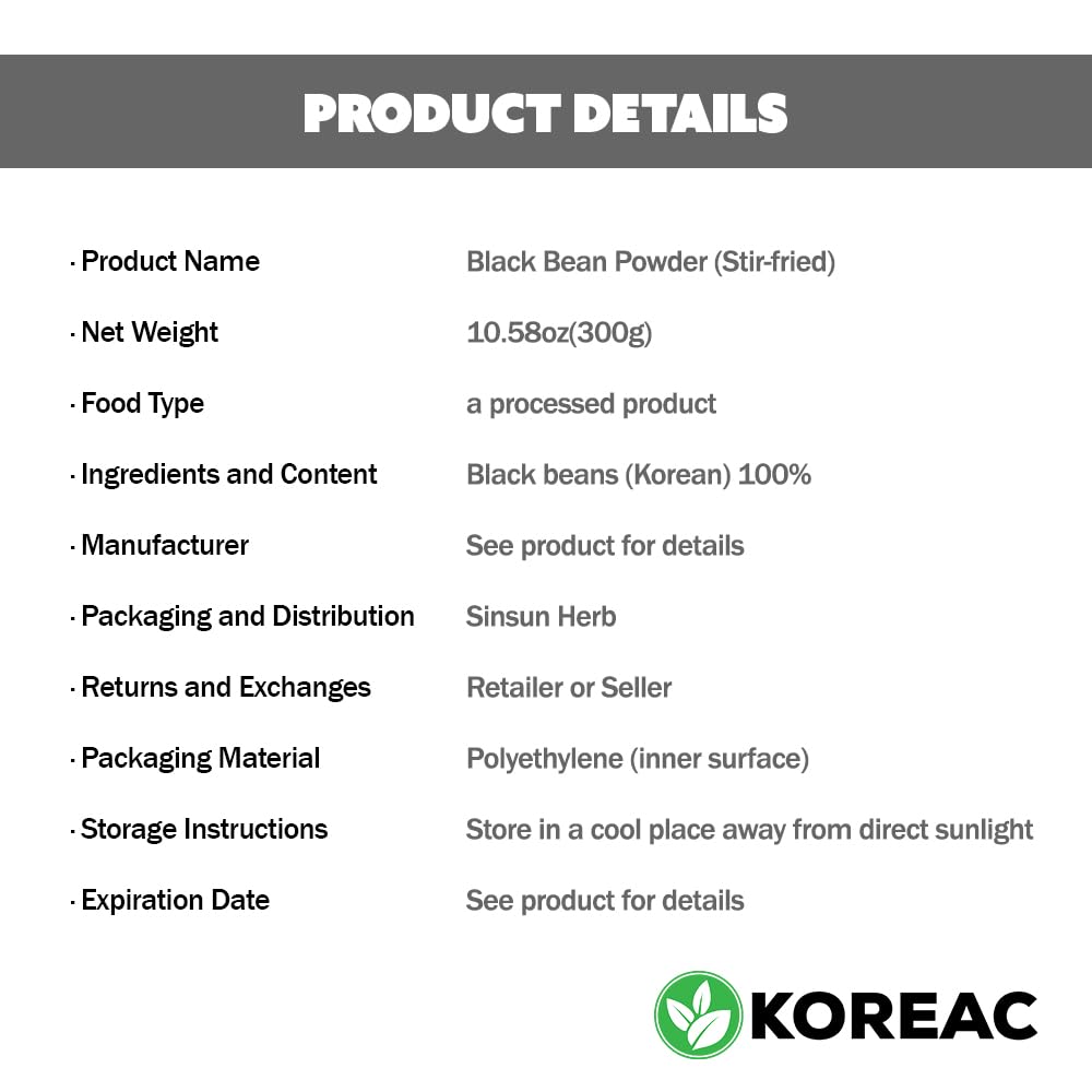 KOREAC_ Korean Roasted Black Soy Bean Powder 300g(10.6 oz), 100% Natural, Nourishing Black Food, Rich & Savory, 검은콩가루 (300g(10.6 oz)_1Pack)
