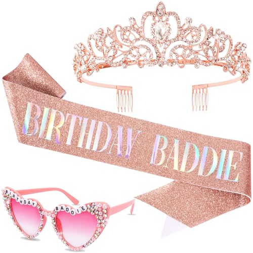 KICOSY 3PCS Birthday Baddie Set - Rose Gold Sash, Tiara