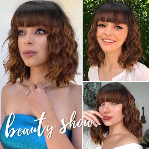 Image of AISI HAIR Curly Bob Wig with Bangs Ombre Brown Mix Blonde Color Short Wavy Wigs for Women Bob Style Synthetic Heat Resistant Bob Wigs