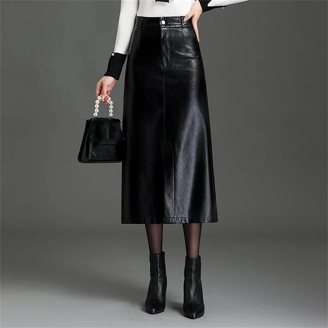 Vogrtcc Gonne in pelle PU da donna con spacco frontale a vita alta gonna lunga dritta in PU