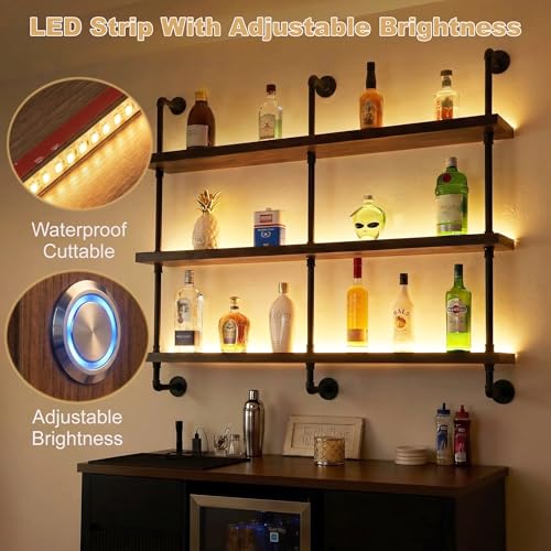 Image of HOUSESET 36 /48 /60 /72 /84in Wine Wall Rack with Led Lights, 3-Tiers Modern Pipe Liquor Bottle Display Shelf, Bar Shelves Wall Mounted for Commercial Bar, Restaurant, Home