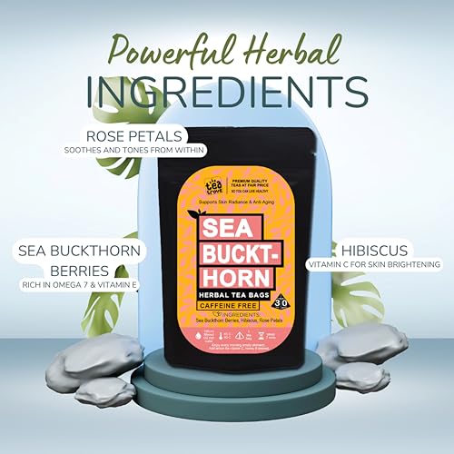 Image of The Tea Trove Sea Buckthorn Berry Tea Bags 30 Count | Seabuckthorn Herbal Blend with Rose Petals and Hibiscus | Sea Buckthorn Leaf Tea | 45g