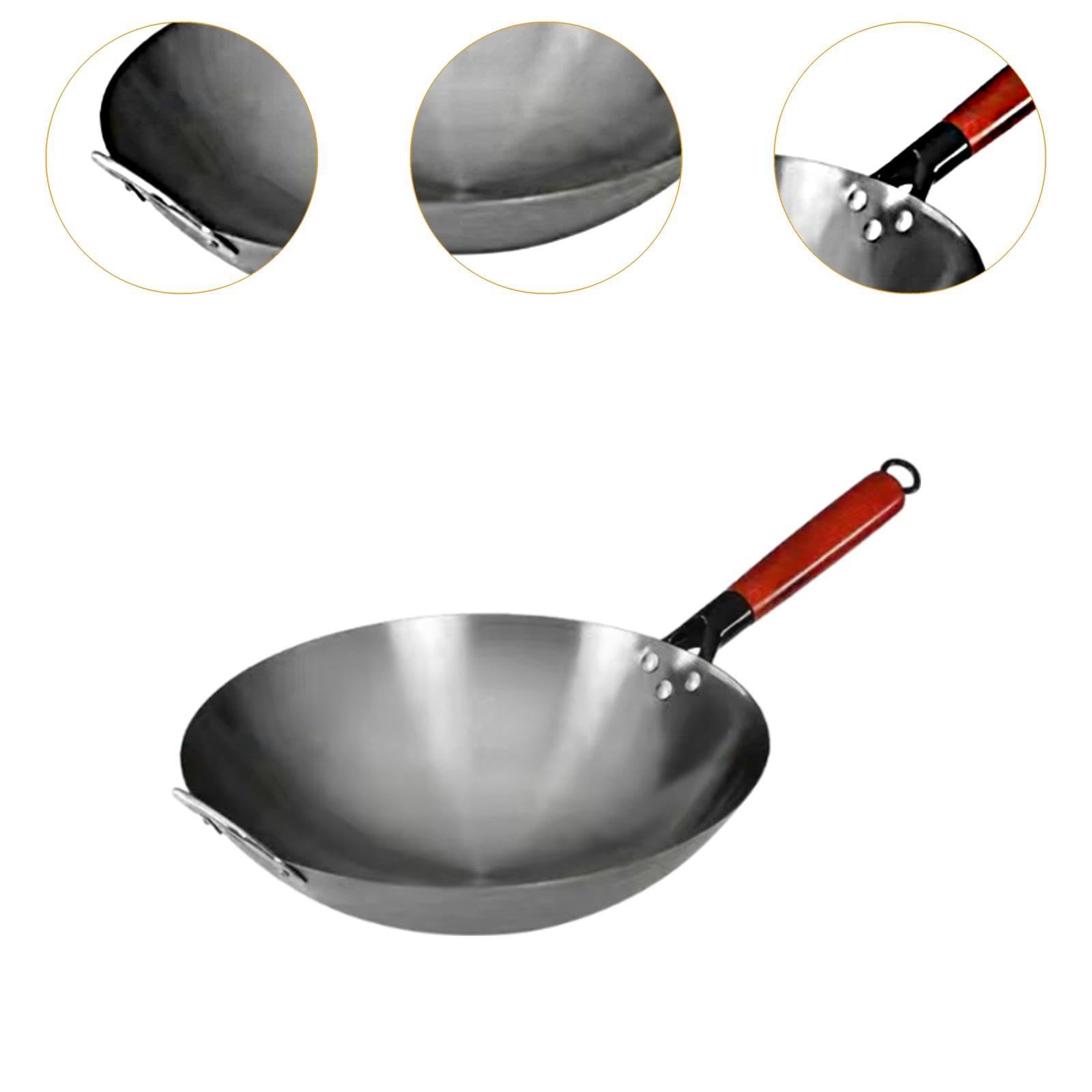 Padella Wok Wok a Fondo Tondo Wok per Cottura Generale con Manico in Legno Cucina a Gas a Induzione Cottura Wok Cinese Padella Antiaderente, 40 Cm