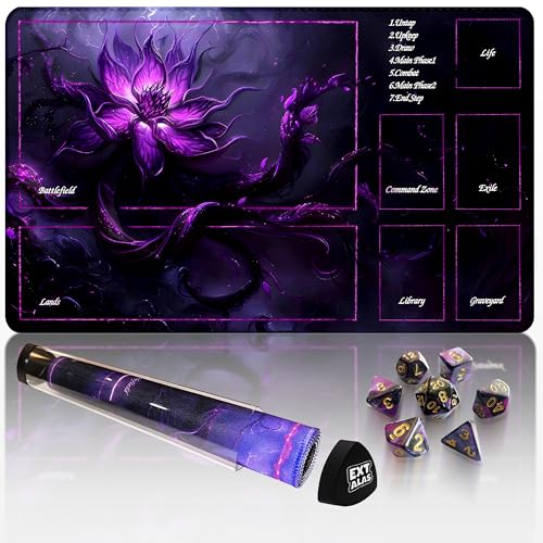 Extalas MTG Playmat with Storage Tube & 7-Dice Set - Waterproof TCG Playmat with Stitched Edges Non-Slip Rubber Card Game Mat (24x14) (playmat with Zones Purple Lotus)