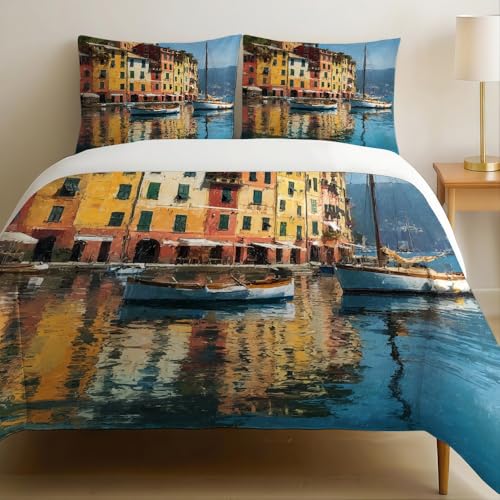 Juego de Ropa de Cama 150x200 cm Pueblo pesquero portuario Microfibra Funda nórdica y Fundas de Almohada Cuadro con Cremallera