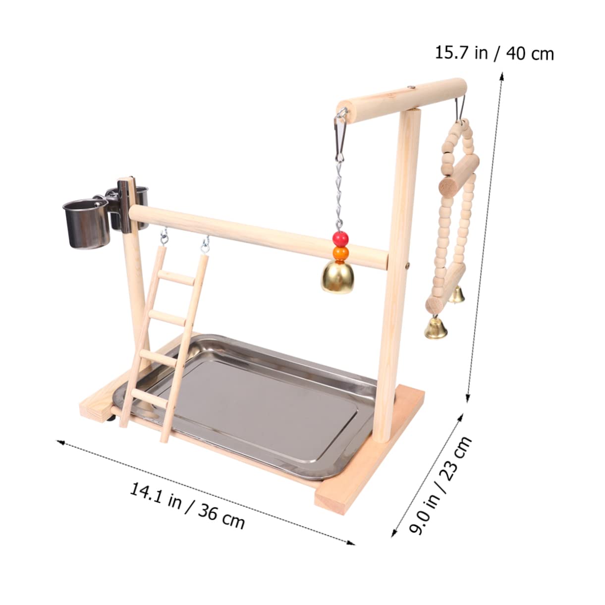 DOITOOL Supporto da Gioco per Pappagalli in Legno e Acciaio Inox, Ciotola, Dondolo e Campanella, per Gabbia e Giardino Colore Casuale
