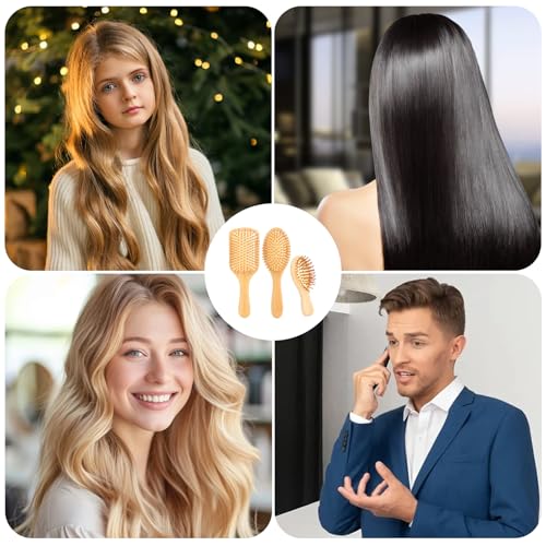 3 Stück Natur-Haarbürste aus Bambus, Nachhaltiger Bambus mit Antistatischer Kopfmassage - Quadratisch, Oval & Mini-Oval Design für trockenes/gewelltes/empfindliches Haar,Damen und Herren