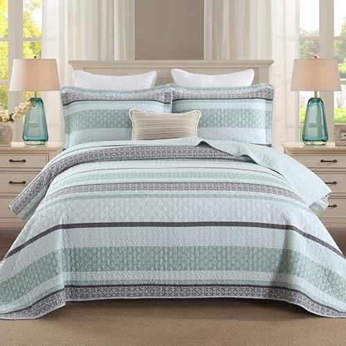 Image of Homzard King Size Quilt,Cotton King Size Comforter Set,Mint Green Grey Bedding Set,Striped Bedspread,Lightweight Summer Comforter Sets 3 Piece