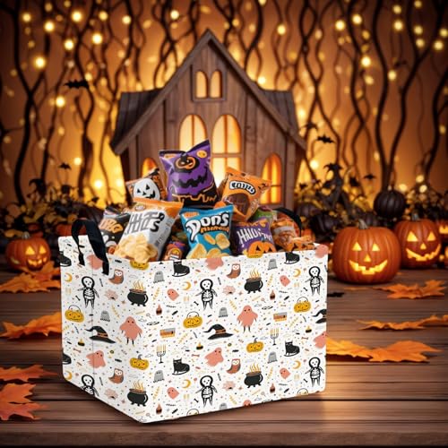 Image of Large Halloween Basket Gift Cute Pumpkin Ghost Parties Decor Kid Trick or Treat Basket for Boys and Girls Rectangular Storage Bin Box (Cartoon Skeleton)