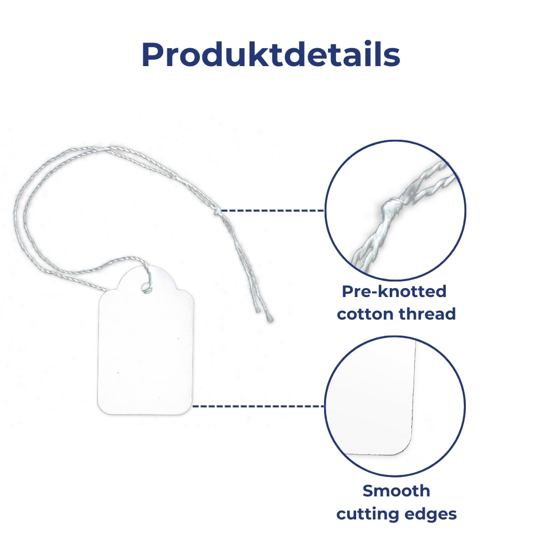 Pokornys - 1000 Segnaprezzi con filo (25x39mm) per abbigliamento, gioielli, accessori etc. - Etichette in cartoncino con filo di cotone - Adatte come cartellino da appendere, regalo o decorativo