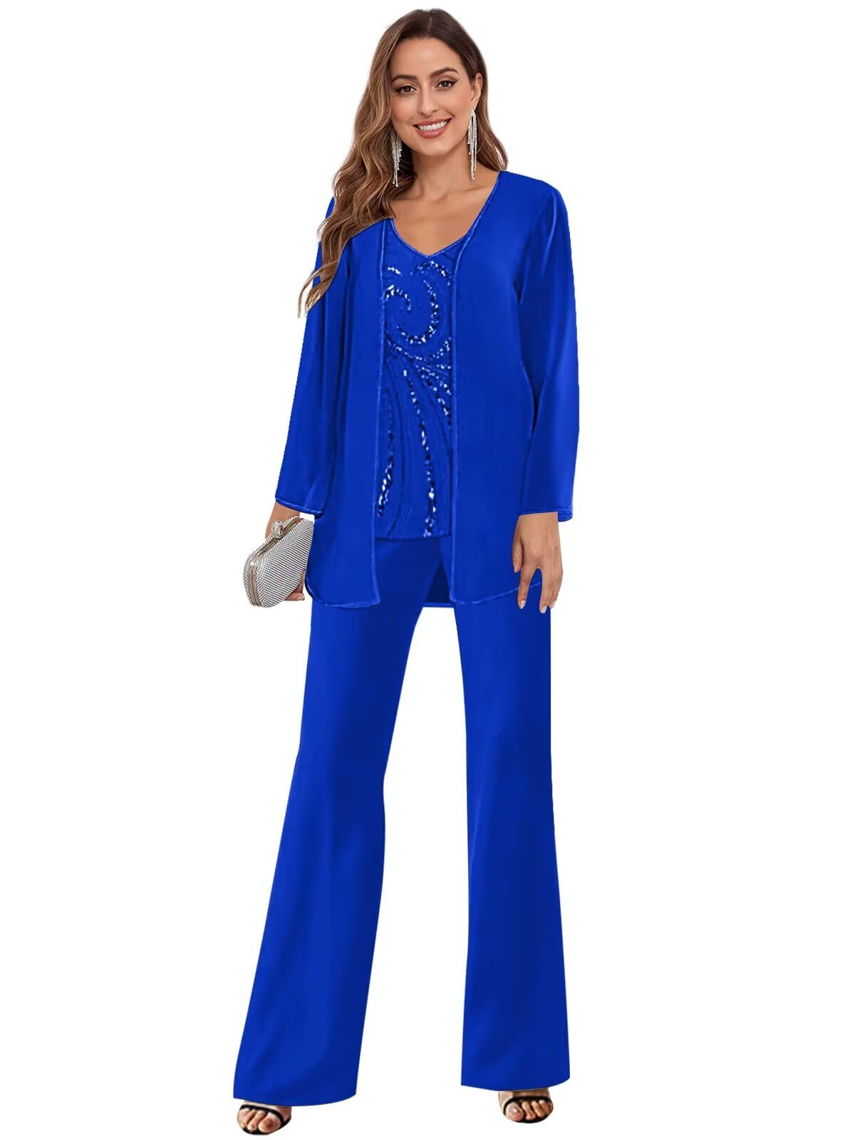 3 Piece Chiffon Mother of The Bride Pant Suits for Women Dressy Beaded Elegant Formal Wedding Pantsuits