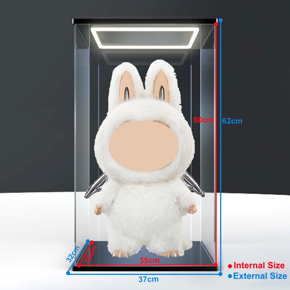 DuvinDD Vetrina acrilica con illuminazione a LED, 35 x 30 x 60 cm, scatola trasparente antipolvere con base nera, adatta per Labubu Zimomo Angel in Clouds & I Found You