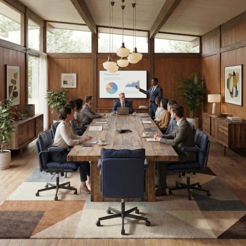 Image of Mid Century Modern Desk Chair, Vintage Leather Office Chair, Blue | Petite Computer Chair for Small to Medium Women, Thickened Back, Cozy Seat, Adjustable Height for Home
