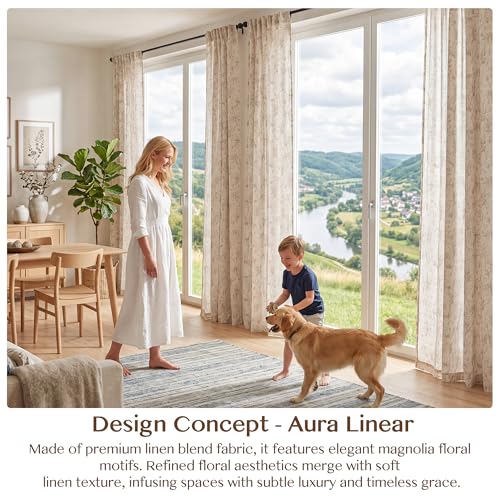 Image of THREE GIRLS Floral Linen Curtains Light Filtering Vintage Farmhouse, Back Tab Rod Pocket Cottage Core Magnolia Print Drapes for Living Room Bedroom Dining Room, Beige on Beige, 95 Inches, 2 Panels