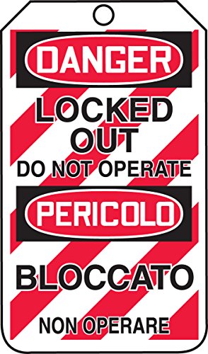 Tag de sécurité multilingue Danger Locked Out Accuform Tmt218ptp en plastique trilingue lot de 25