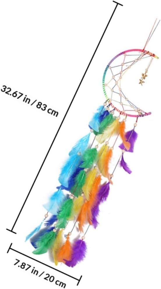 Colorful Crescent Moon Dream Catcher Wall Hanging Pendant with Gold Stars, Boho Home Adornment for Balcony and Bedroom Decor, Indoor Hanging Ornament