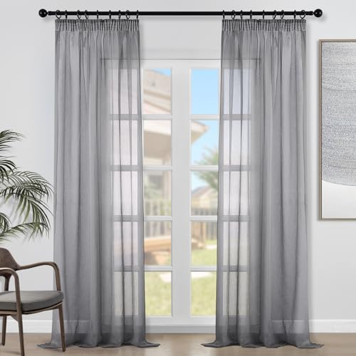 Topfinel Rideau Voilage Gris de Salon Effet en Lin Lumière Filtrante 2 Panneaux de Rideaux Voilages Intérieurs Galon Fronceur Transparent pour Fenetre...