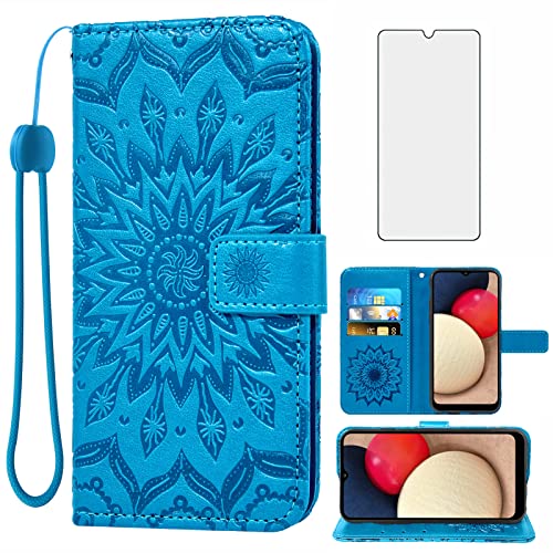 Phone Case for Samsung Galaxy A02s Wallet Cases with Tempered Glass Screen Protector and Leather Slim Flip Cover Card Holder Stand Cell Accessories Glaxay A 02s Galaxies M02s SM-A025V Women Men Blue