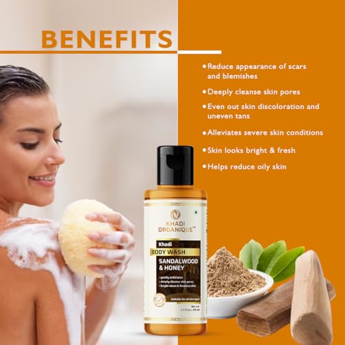 Image of Khadi Organique Sandalwood & Honey Body Wash | Removes Tan, Reduces Oiliness & Brightens Skin | Deep Cleansing & Refreshing for All Ages | Natural Ayurvedic Shower Gel - 210ml