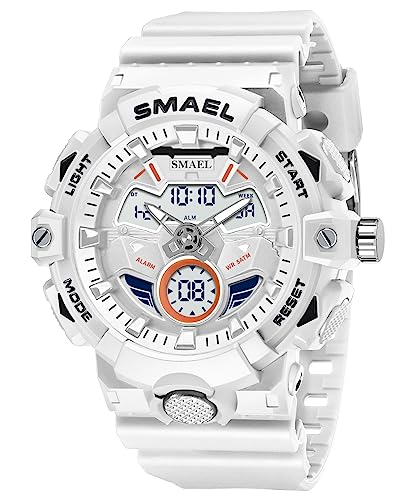 FANMIS Unisex Cool Analog Digital Outdoor Sports Watch Men's Military Tactics Multi Function Watch LED Electronic Large Dual Display Watch Army Luminous Waterproof Candy Color Electronic Watch (White) -  8085