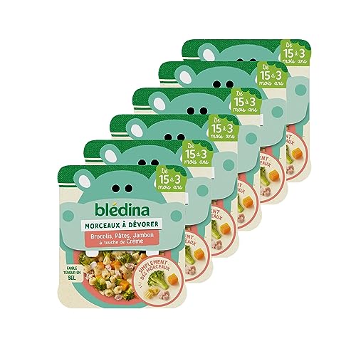 Blédina Morceaux à Dévorer brocolis pâtes jambon crème, pack de 6 petits plats bébé