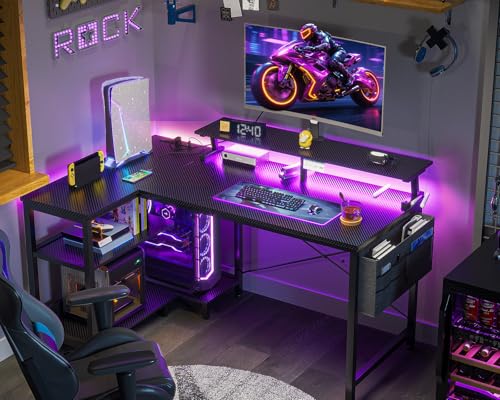 Image of ODK 40 Inch Gaming Desk with USB Power Outlets and LED Lights, Reversible L Shaped Computer Desk with Storage Shelves & Monitor Stand, Corner Home Office Desk Table, Carbon Fiber Surface, Black