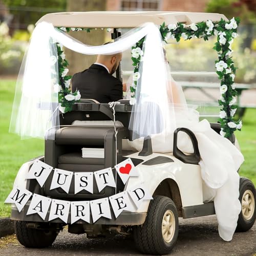 Janinka 5 Pcs Wedding Golf Cart Decorations 1 Just Married Sign Banner 2 Rose Garland 2 Gauze Draping Fabric For Golf Cart Car Decorations Accessories Wedding Party Anniversary Honeymoon Favor Gifts