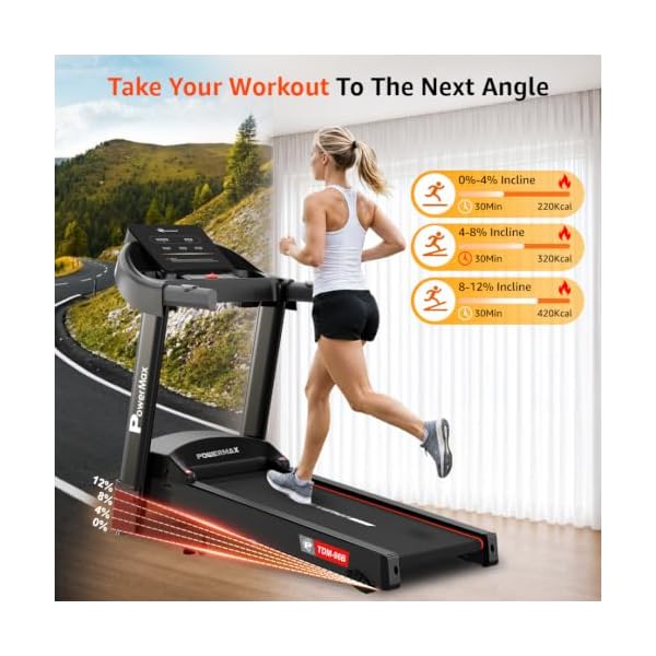 PowerMax Fitness TDM-96B 4HP DC Treadmill for Home | 110KG Max User Running Machine | 14km/hr Top Speed, 4-Level Manual Incline | Bluetooth for app, Speaker, Mp3 | Foldable Cardio Machine, LED Display 4 PowerMax Fitness TDM-96B 4HP DC Treadmill for Home | 110KG Max User Running Machine | 14km/hr Top Speed, 4-Level Manual Incline | Bluetooth for app, Speaker, Mp3 | Foldable Cardio Machine, LED Display - Image 4