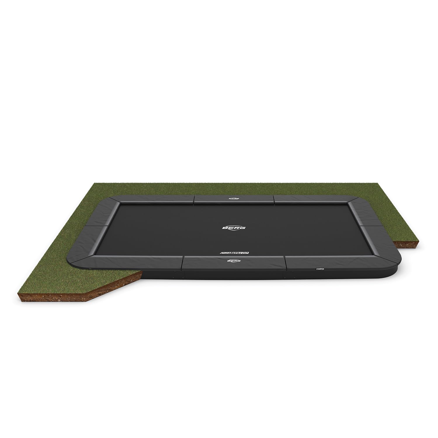 Berg Sports Ultim Champion FlatGround 330 Grau Gartentrampolin | 330 x 220 cm | Premium Bodentrampolin rechteckig | Airflow Pro Sprungtuch & TwinSpring Federn | Mit Sicherheitsnetz