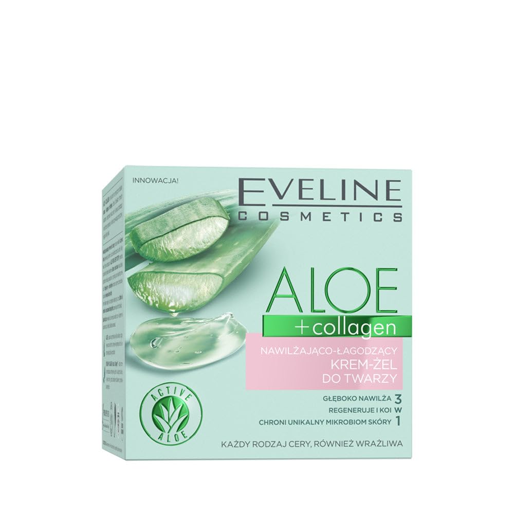 Eveline Cosmetics Organic Aloe+Collagen Hydrating Soothing Face Cream-Gel with Aloe Hydra Deep System™, 50ml - Moisturizing, Nourishing & Regenerating Skincare for All Skin Types