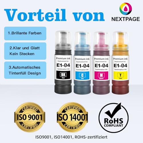 Nextpage 104 Sublimationstinte Multipack Kompatibel für Epson EcoTank ET-1810/ET-2710/ET‑2711/ET-2712/ET-2714/ET-2715/ET-2720/ET-2721/ET-2726/ET-2810/ET-2811/ET-2812 Schwarz Cyan Gelb Magenta (4Pcs)