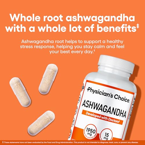 Physician's CHOICE Ashwagandha Supplement - 1950mg of Bioavailable Organic Ashwagandha Root Powder - Black Pepper Extract, Stress Support, Mood Support Supplement, 90 Veggie Ashwagandha Capsules - Image 3