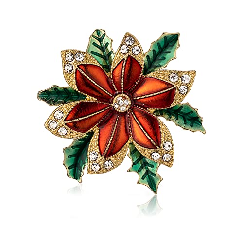 RareLove Vintage Christmas Poinsettia Brooch, Red with Green Leafs Poinsettia Flower Wreath CZ Rhinestone Crystal Christmas Pins and Brooches for Women Girls Silver Plated Alloy,Holiday Jewelry