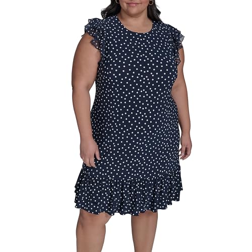 Image of Tommy Hilfiger Women's Sleeveless Crew Neck Double Ruffle Hem Jersey Shift Mini Dress