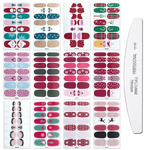 WOKOTO 12 Sheets Christmas Nail Polish Stickers Strips Set with 1Pc Nail File Adhesive Nail Art Wraps Decals Manicure Accessories for Women