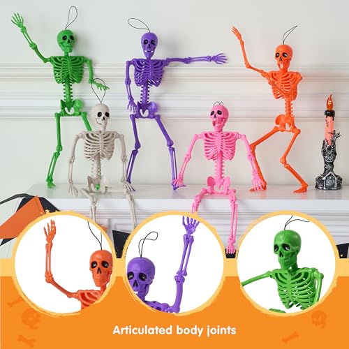 Image of JOYIN 5 PCS Posable Halloween Skeleton Decor 16 Inches, Full Body Movable Joints Posable Skeleton, Hanging Skeletons for Halloween Decoration, Home Yard, Graveyard, Haunted House, Spooky Scene